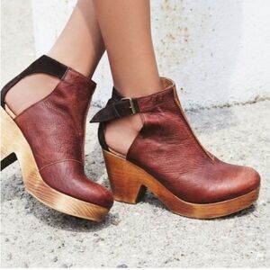 Free People Amber Orchard Heel Platform Clog Two Tone Brown Leather Sz 8.5 EU39